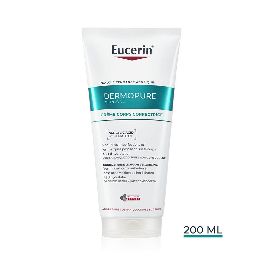 Tube blanc Eucerin. Texte: DermoPure Crème Corps Correctrice. 200 ml. Pour peaux à tendance acnéique.