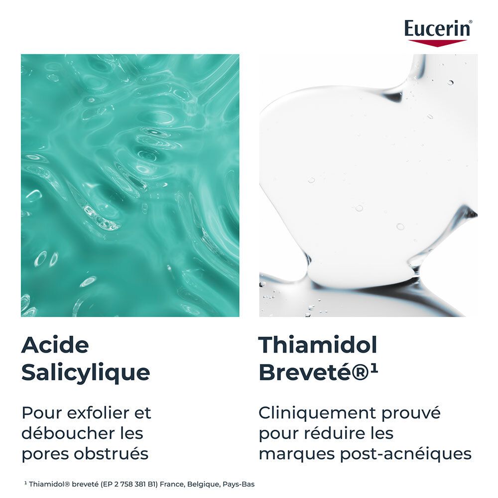 Deux images. Gauche: Acide Salicylique. Droite: Thiamidol. Texte: Pour exfolier et déboucher les pores obstrués.