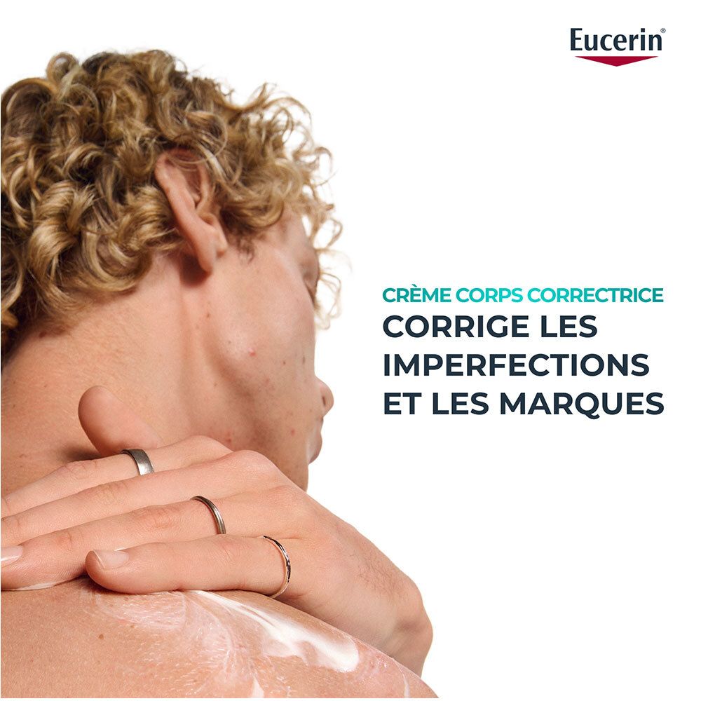 Personne de dos. Crème sur le dos. Texte: Crème Corps Correctrice. Corrige les imperfections et les marques.