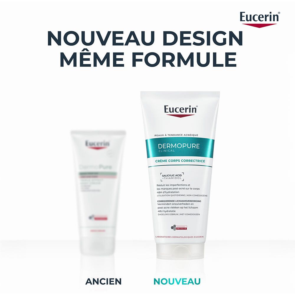 Comparaison de deux tubes. Gauche: Ancien. Droite: Nouveau. Texte: Nouveau design, même formule.