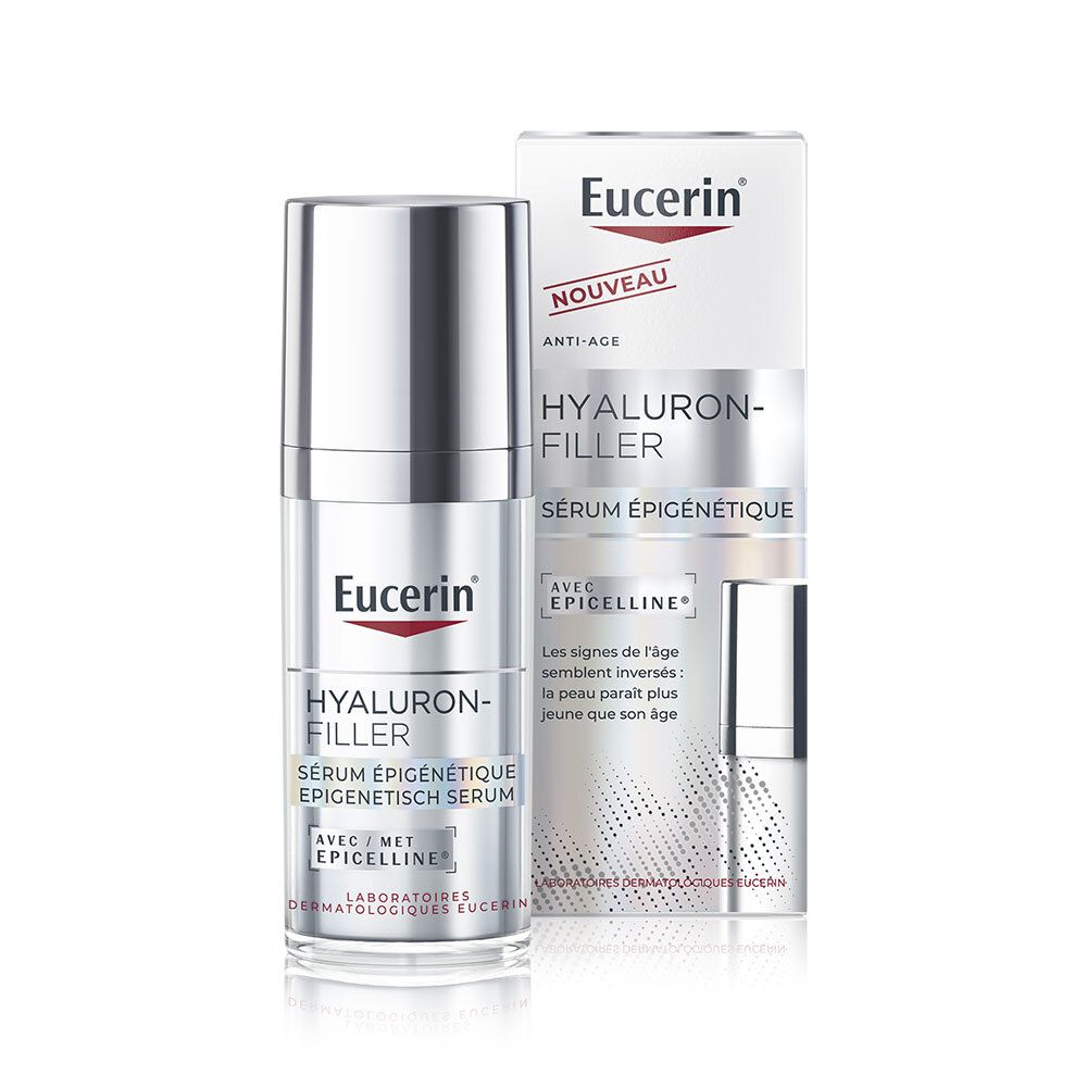 Sérum Eucerin Hyaluron-Filler, flacon argenté avec pompe et emballage. Sérum anti-âge.
