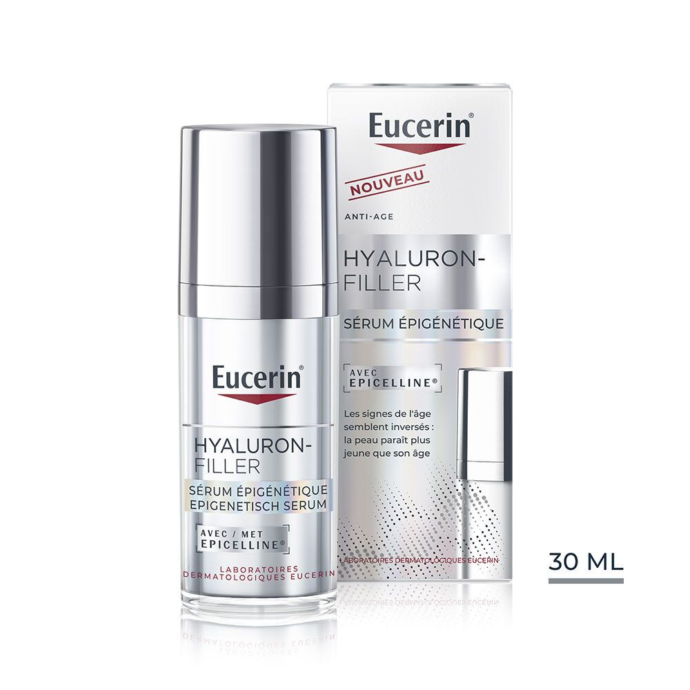 Sérum Eucerin Hyaluron-Filler, flacon argenté avec pompe et emballage. 30 ml.