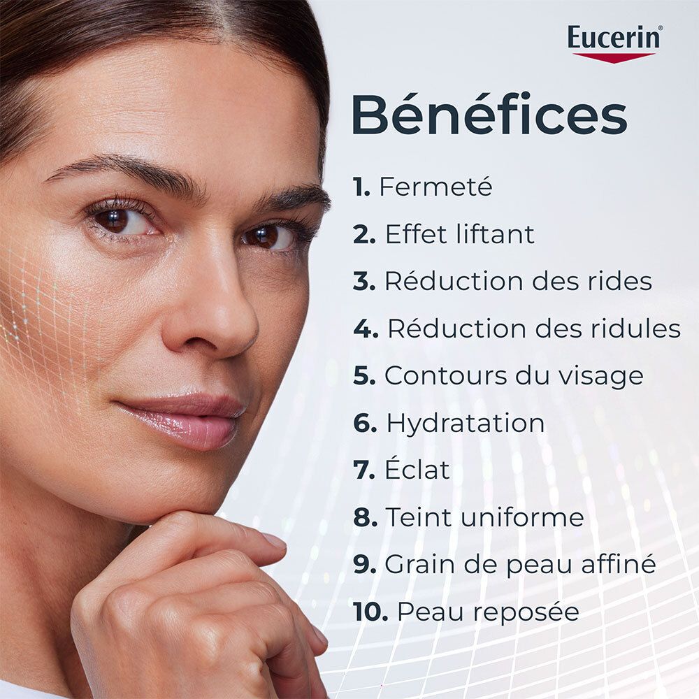 Femme avec visage. Texte : Bénéfices : Fermeté, effet lifting, réduction des rides, etc. Logo Eucerin.