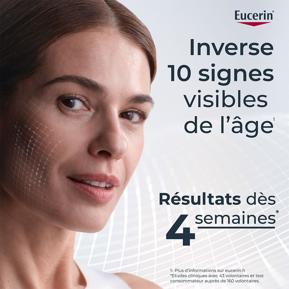 Femme avec visage. Texte : Inverse 10 signes visibles de l'âge. Résultats dès 4 semaines. Logo Eucerin.