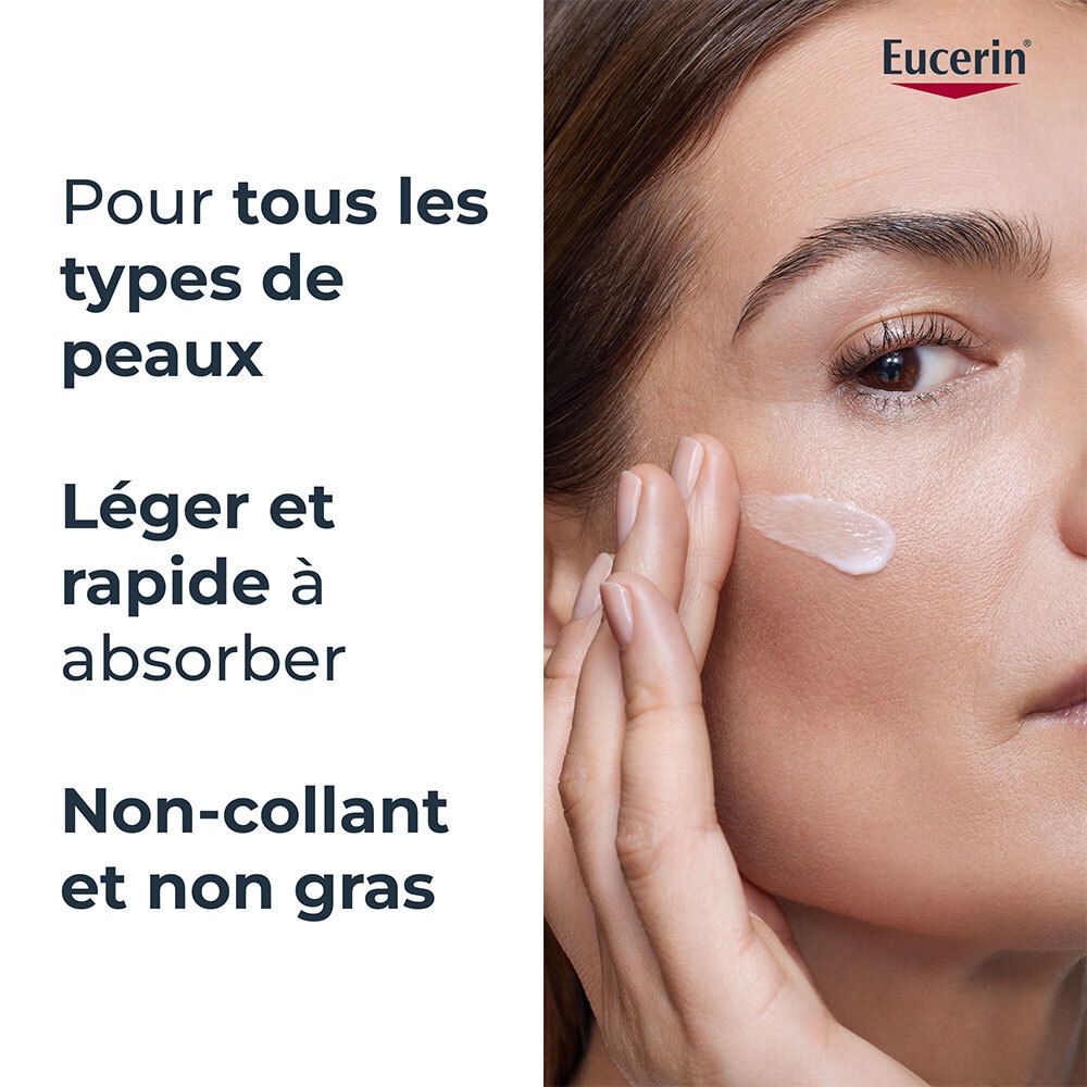 Femme avec visage. Texte : Pour tous les types de peaux. Léger et rapide à absorber. Non collant et non gras.