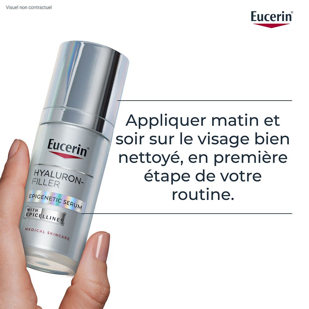 Femme tenant le sérum Eucerin Hyaluron-Filler. Texte : Appliquer matin et soir sur le visage nettoyé.