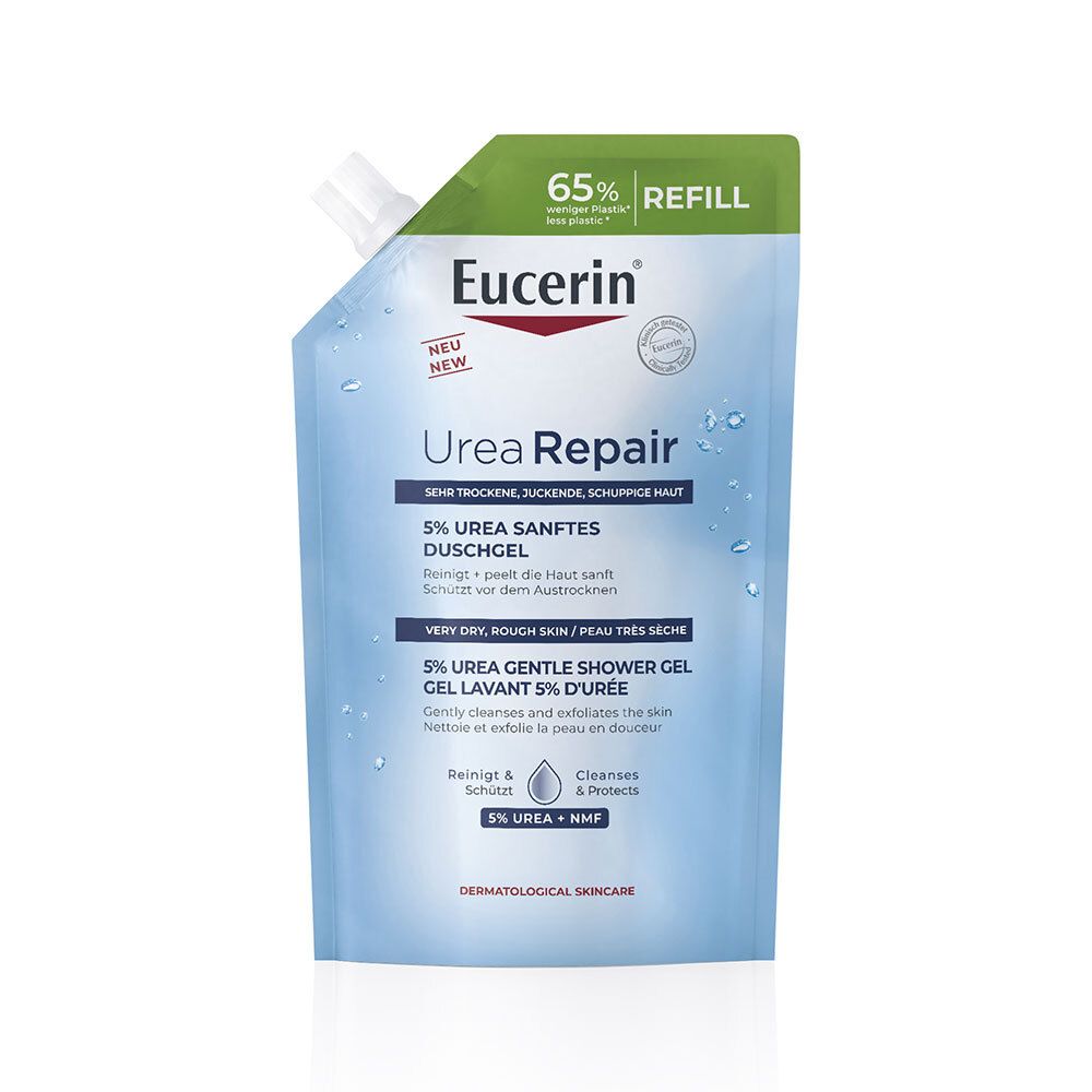 Recharge de gel douche Eucerin Urea Repair. 5% d'urée. Pour peaux très sèches. Emballage avec bouchon vert.