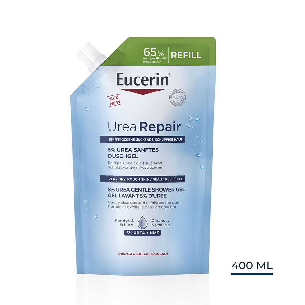 Recharge de gel douche Eucerin Urea Repair. 5% d'urée. 400 ml. Emballage avec bouchon vert.