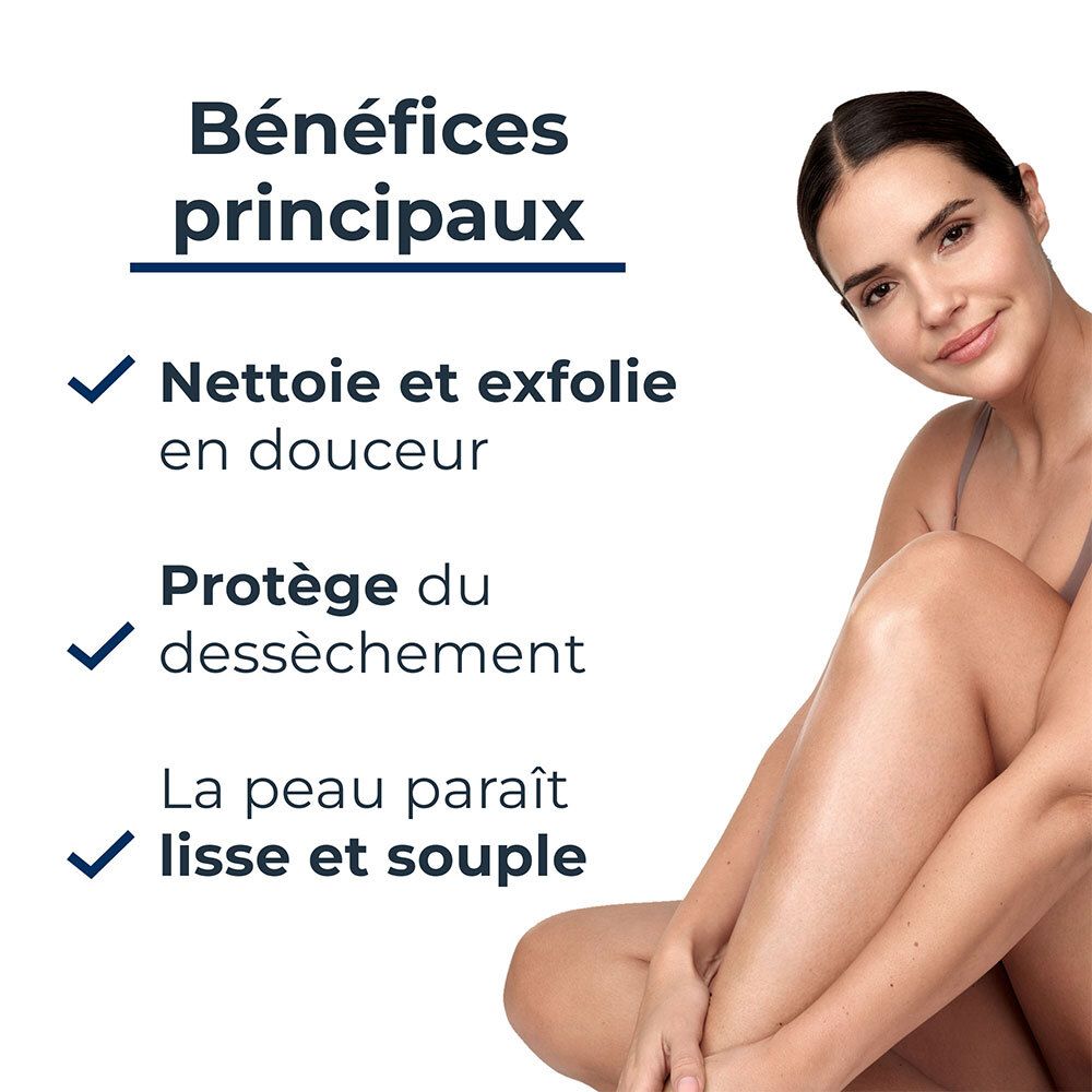 Femme avec peau lisse. Texte: Bénéfices principaux: Nettoie, protège, peau lisse et souple.