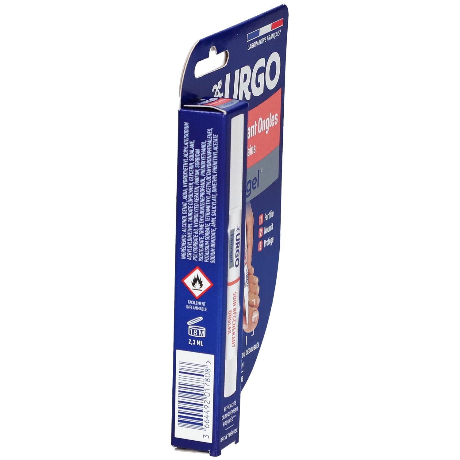 Vue latérale de l'emballage URGO Filmogel®. Ingrédients et informations sur fond bleu. Produit visible.