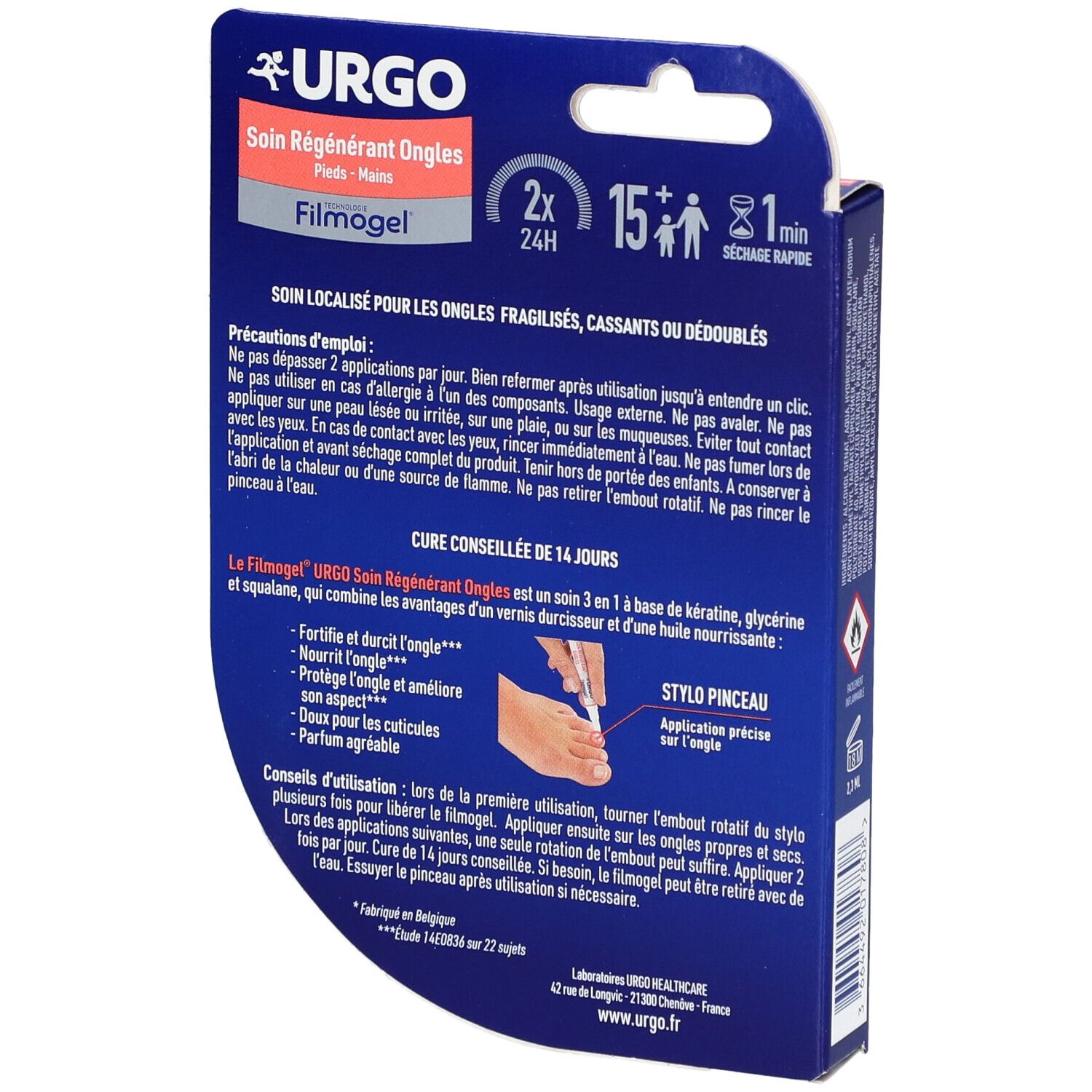 Dos de l'emballage URGO Filmogel® Soin Régénérant Ongles. Informations et instructions d'utilisation.