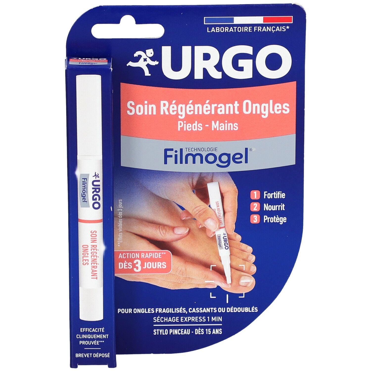 Emballage URGO Filmogel® Soin Régénérant Ongles. Produit et applicateur. Emballage bleu avec illustration du produit.