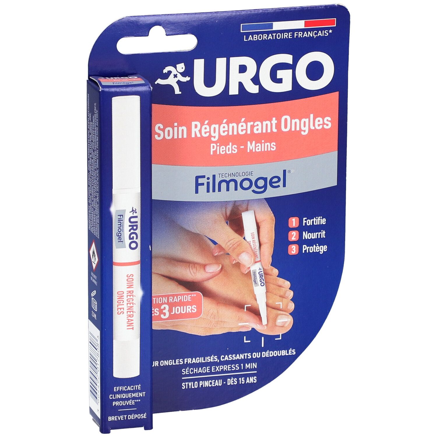Emballage URGO Filmogel® Soin Régénérant Ongles. Produit et applicateur. Emballage bleu avec illustration du produit.
