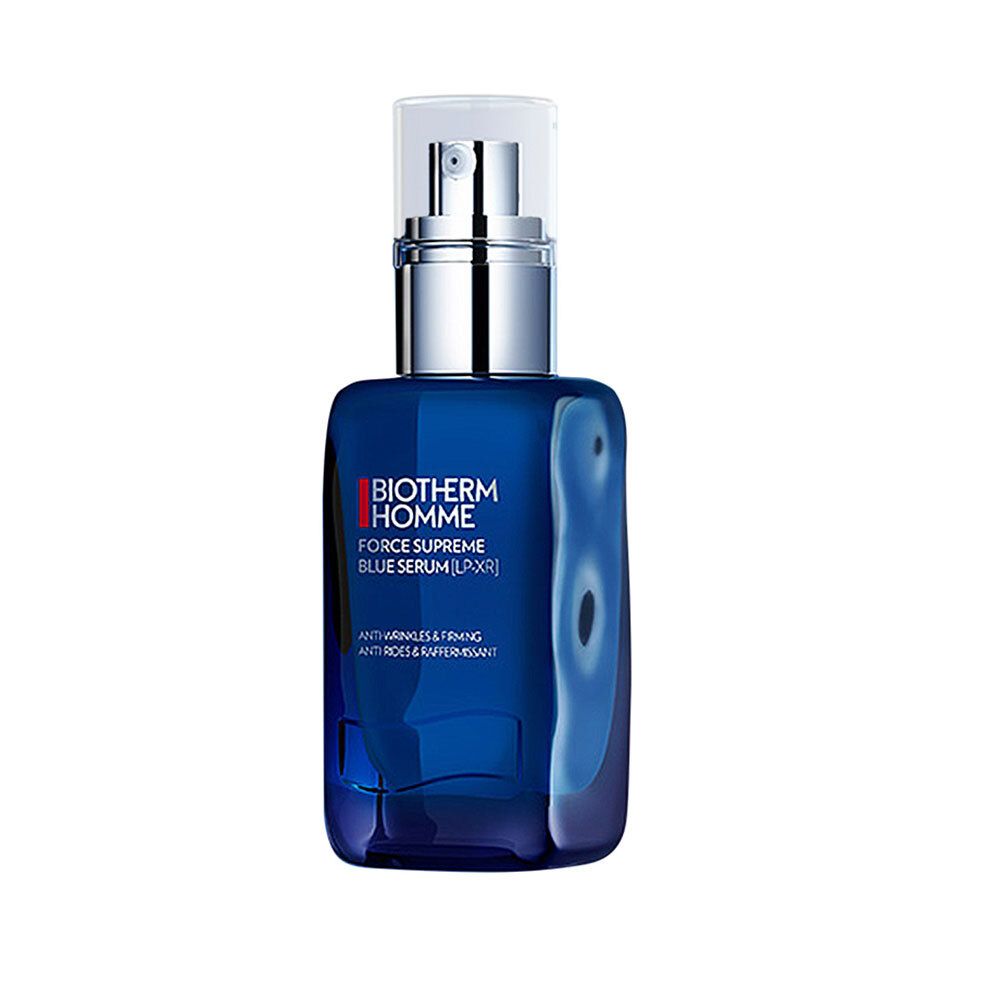 Sérum bleu Biotherm Homme. Flacon pompe, liquide bleu. Inscription : Force Supreme Blue Serum.