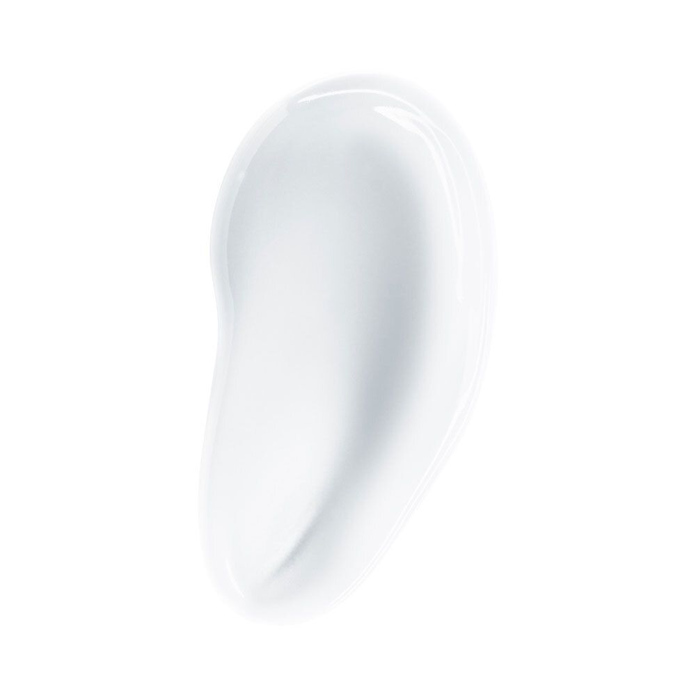 Goutte de sérum blanc brillant sur fond blanc. Forme : allongée, en goutte.