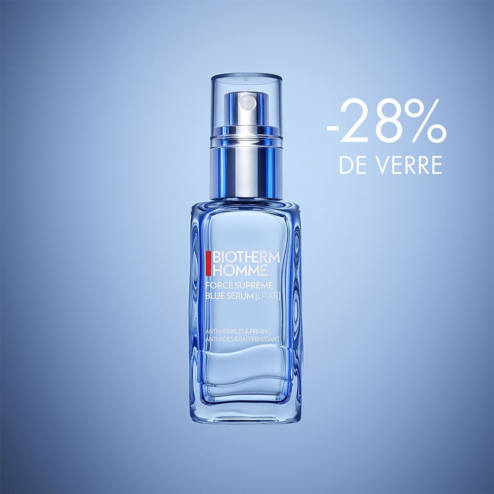 Flacon de sérum bleu avec pompe. Inscription : Biotherm Homme Force Supreme Blue Serum. -28% de verre.