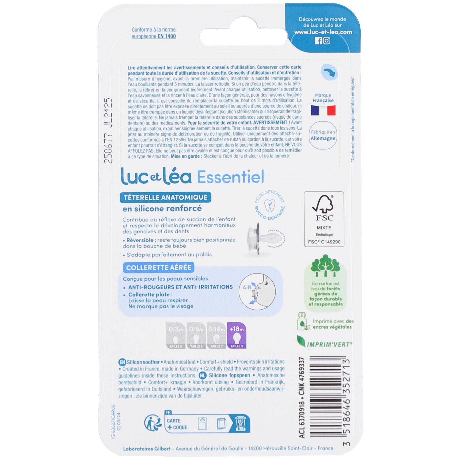 Dos de l'emballage. Texte: Luc et Léa Essentiel. Tétine anatomique en silicone. Certification FSC.