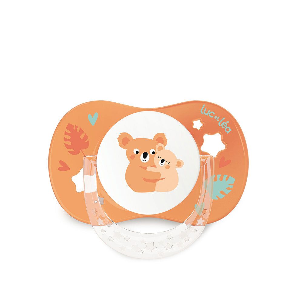 Sucette anatomique orange avec motif koala. Marque : Luc et Léa.