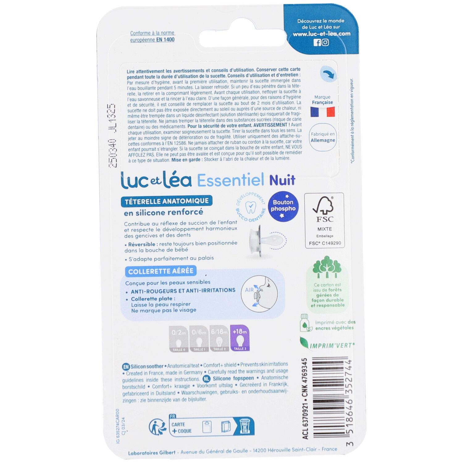 Dos de l'emballage avec informations produit. Sucettes anatomiques, silicone renforcé.