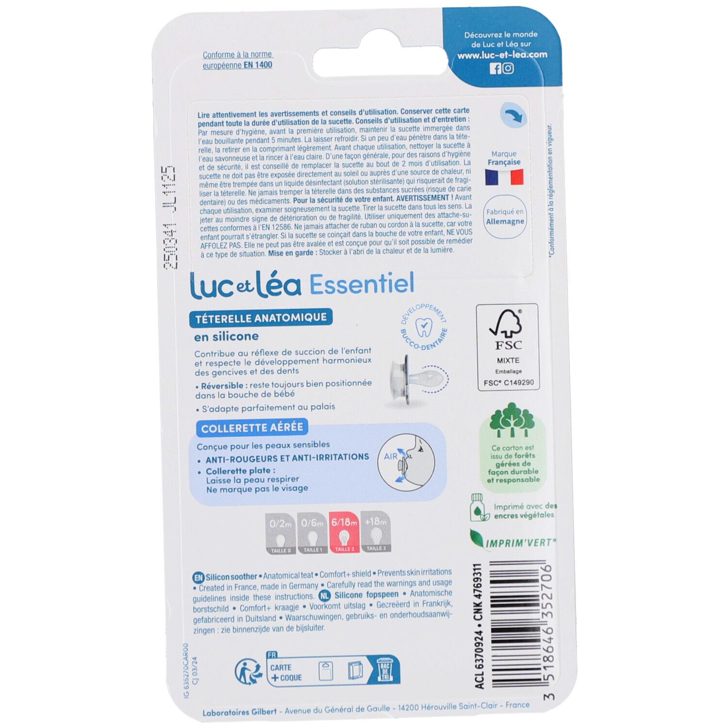 Dos de l'emballage avec informations produit. Marque Luc et Léa. Sucettes anatomiques en silicone.