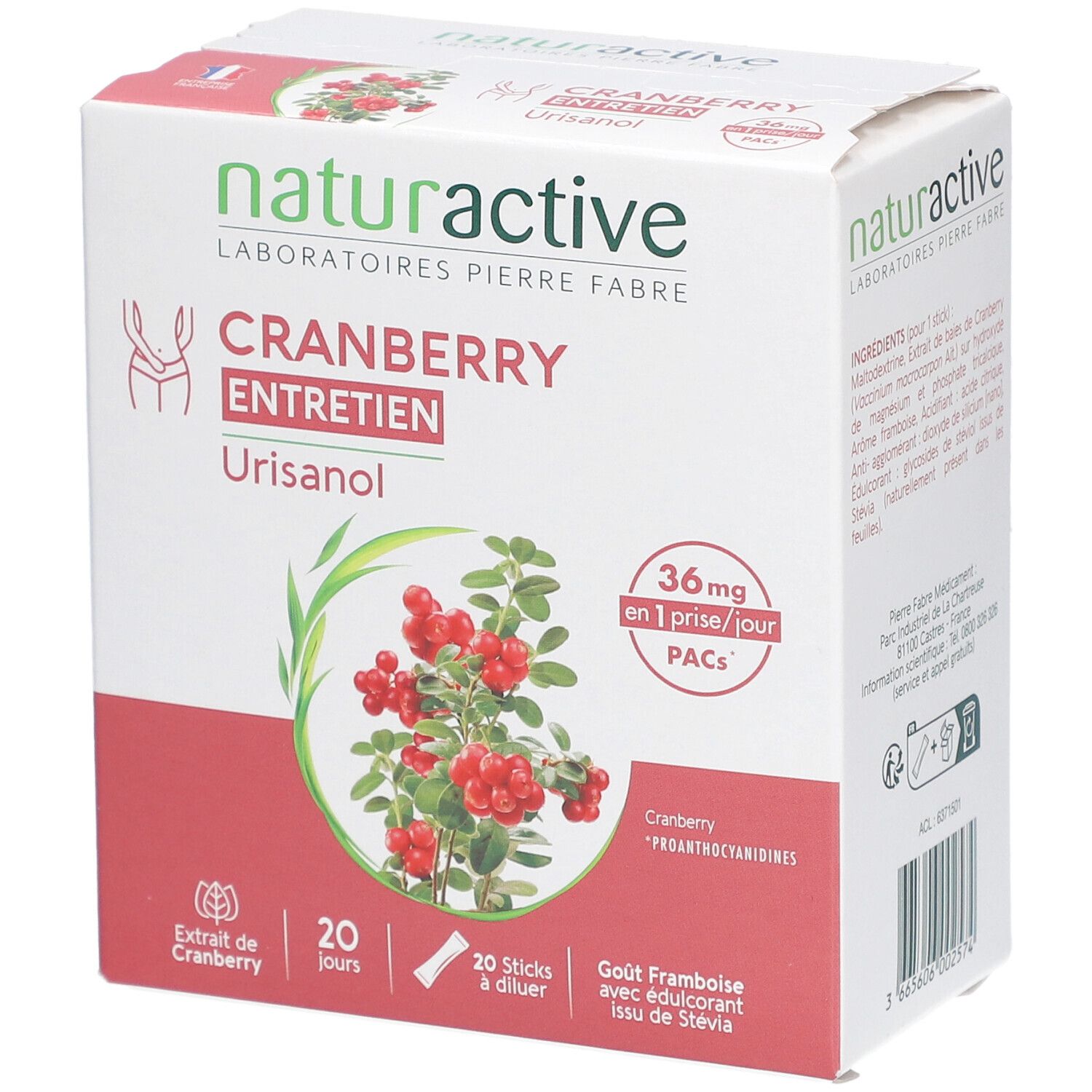 Boîte de Naturactive Urisanol Cranberry Entretien. Boîte blanche avec nom du produit et illustration de cranberry.