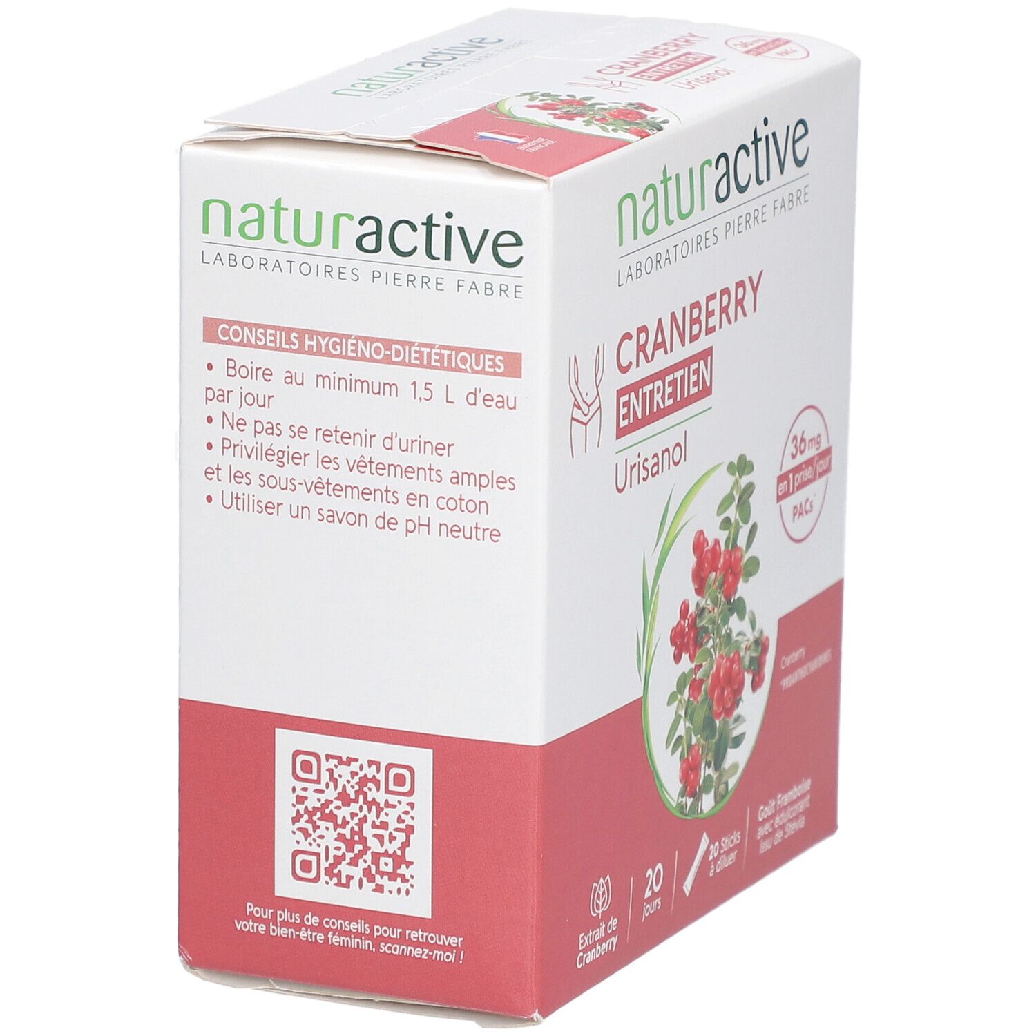 Boîte Naturactive Urisanol Cranberry Entretien. Boîte blanche avec informations produit et code QR.
