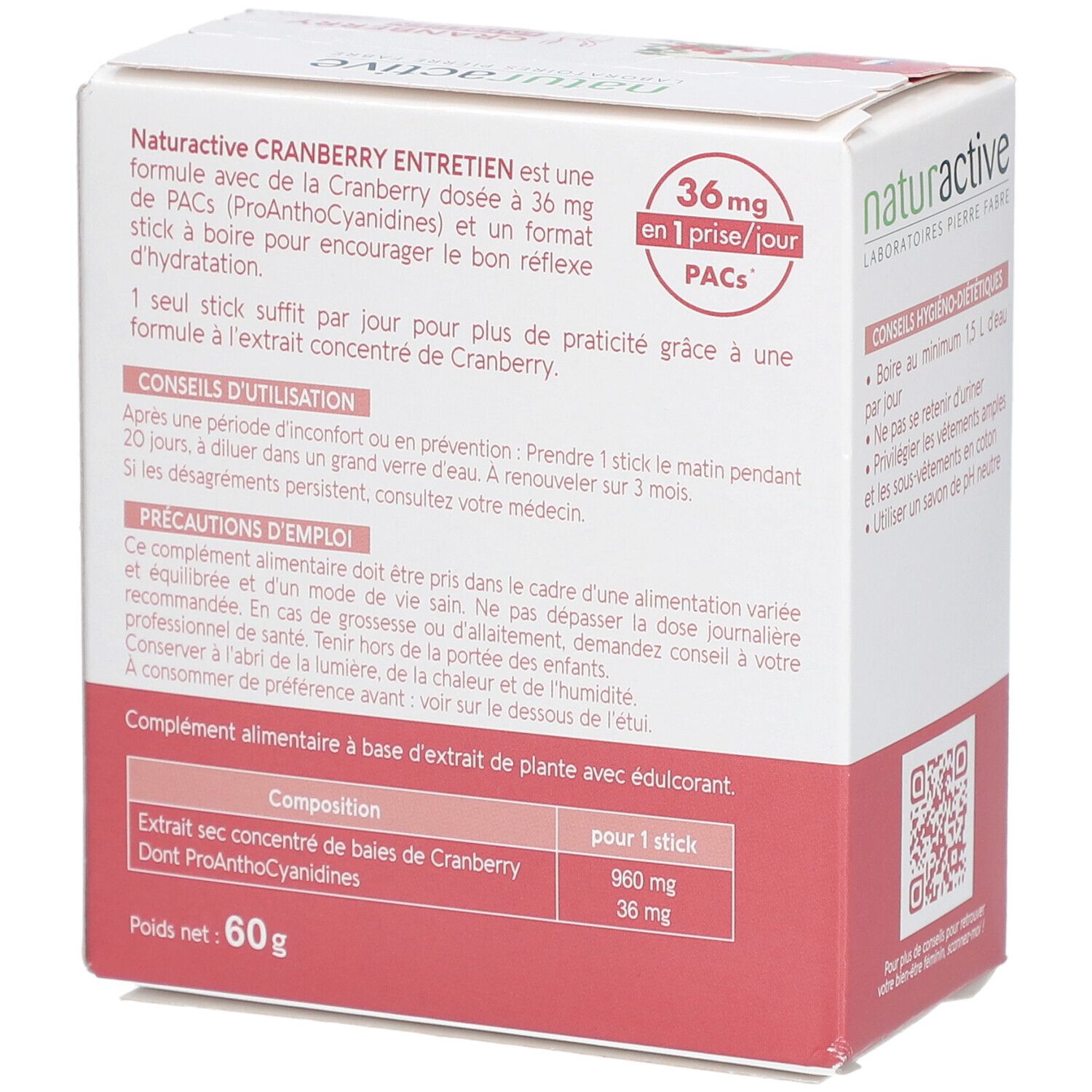 Dos de la boîte Naturactive Urisanol Cranberry Entretien. Informations textuelles et ingrédients.