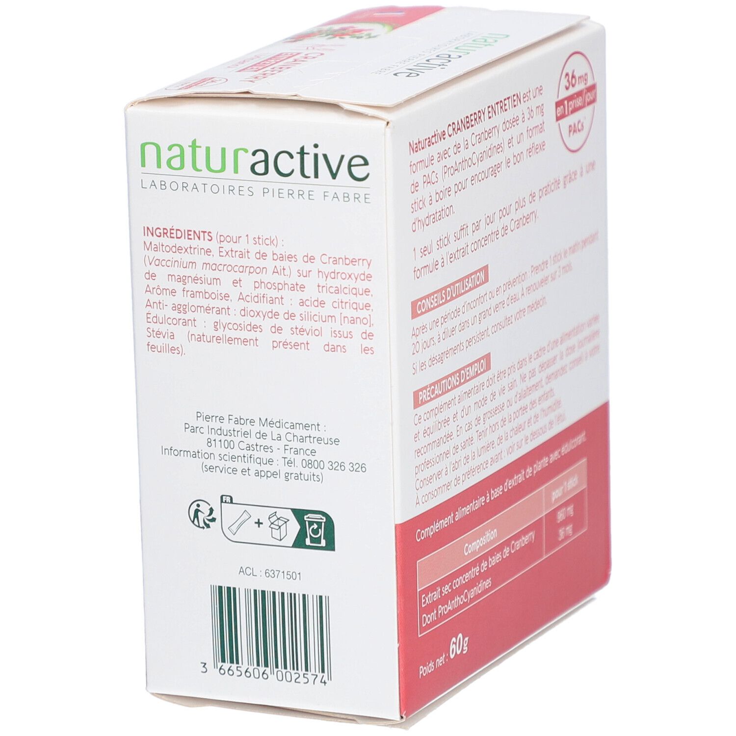 Côté de la boîte Naturactive Urisanol Cranberry Entretien. Informations textuelles et ingrédients.