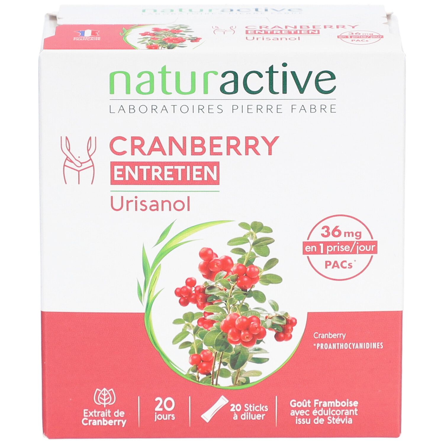 Boîte Naturactive Urisanol Cranberry Entretien. Boîte blanche avec nom du produit et illustration de cranberry.