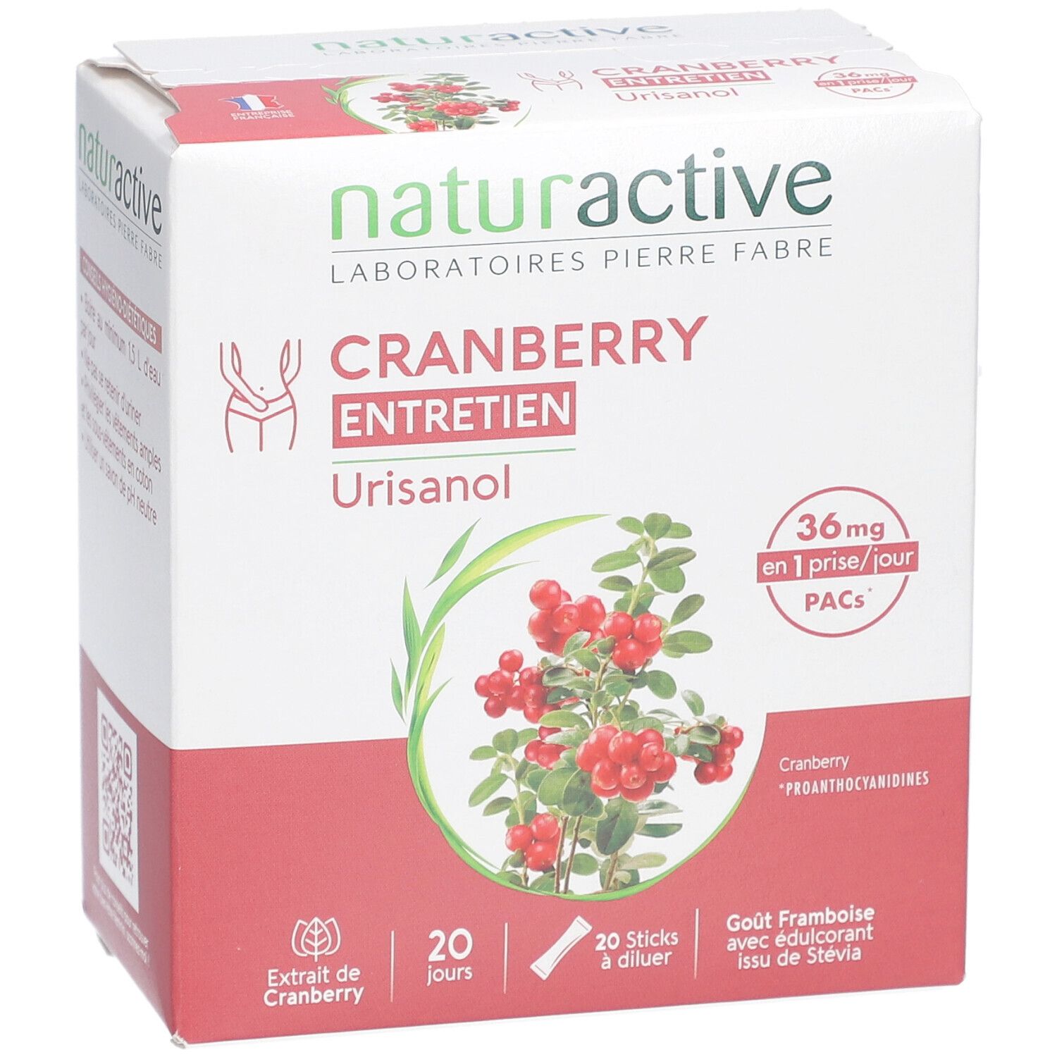 Boîte Naturactive Urisanol Cranberry Entretien. Boîte blanche avec nom du produit et illustration de cranberry.