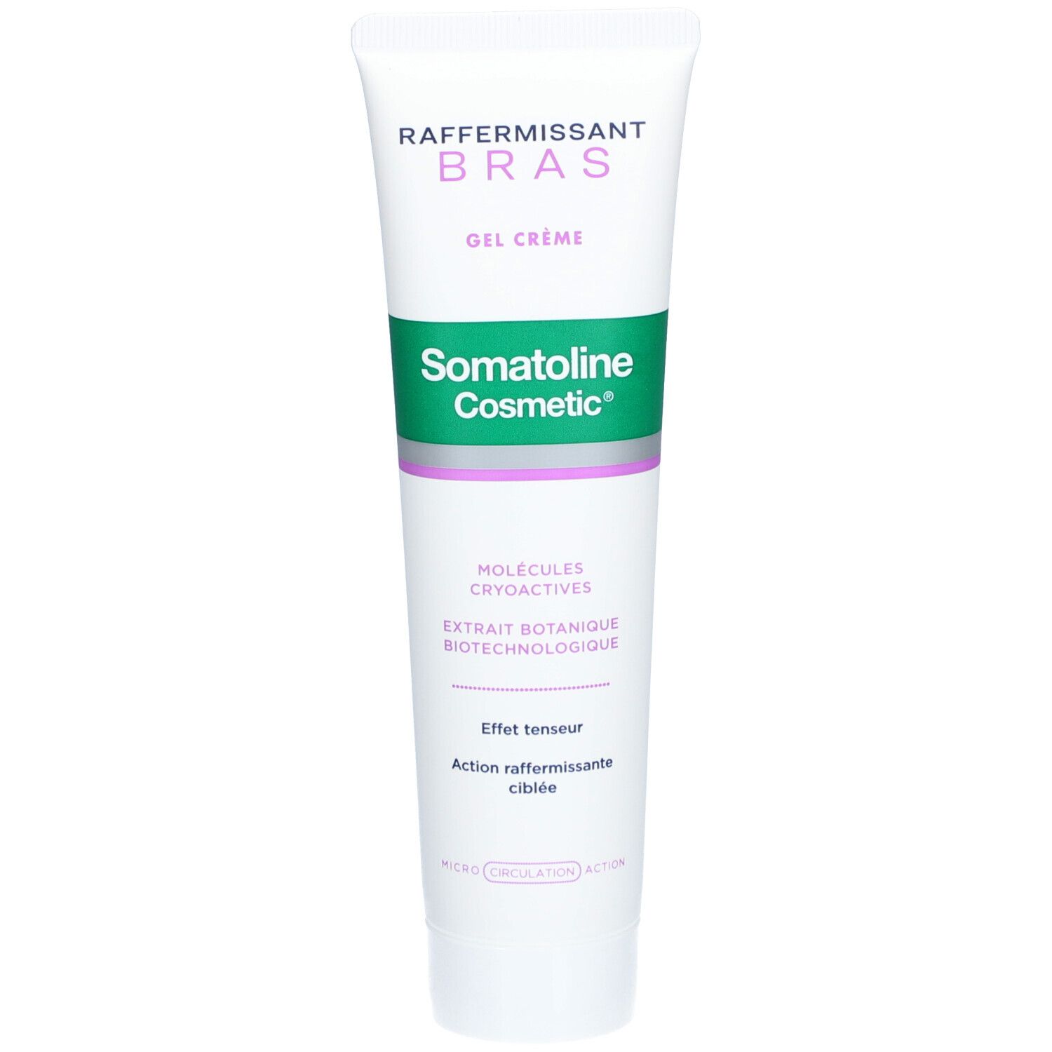 Tube de gel crème Somatoline Cosmetic. Inscription : Raffermissant Bras, Gel crème. Blanc, vert, violet.