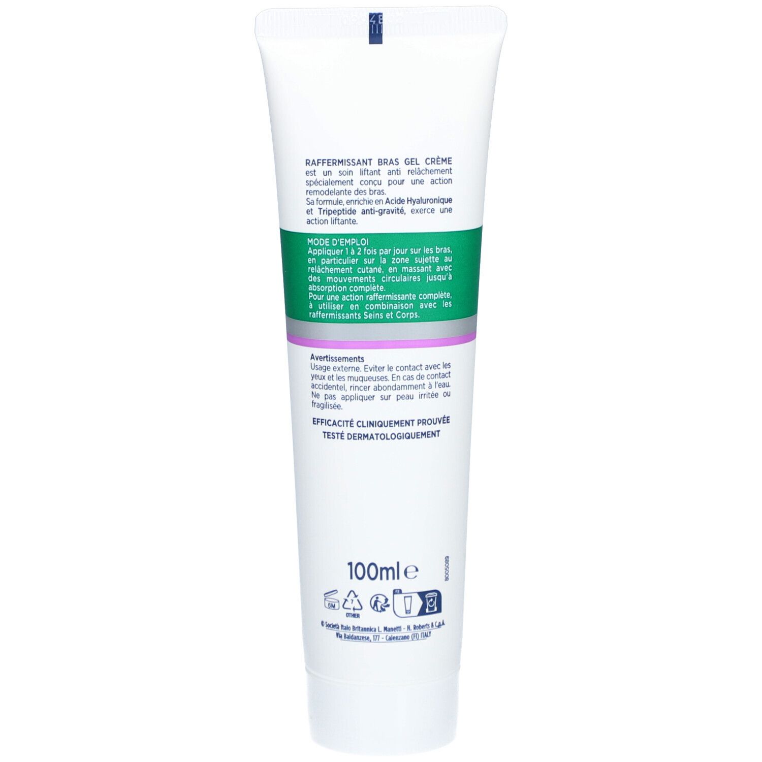 Dos du tube de gel crème. Texte : Raffermissant Bras Gel Creme, 100ml, testé dermatologiquement. Blanc, vert, violet.