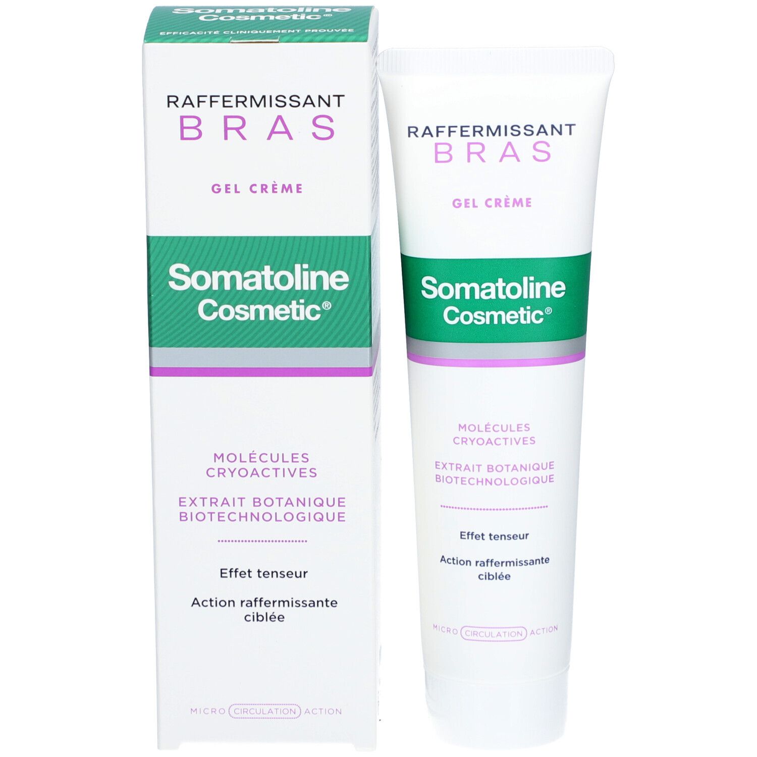 Emballage et tube du produit. Emballage : blanc, vert, violet. Tube : blanc, vert, violet. Texte : Raffermissant Bras, Somatoline Cosmetic.