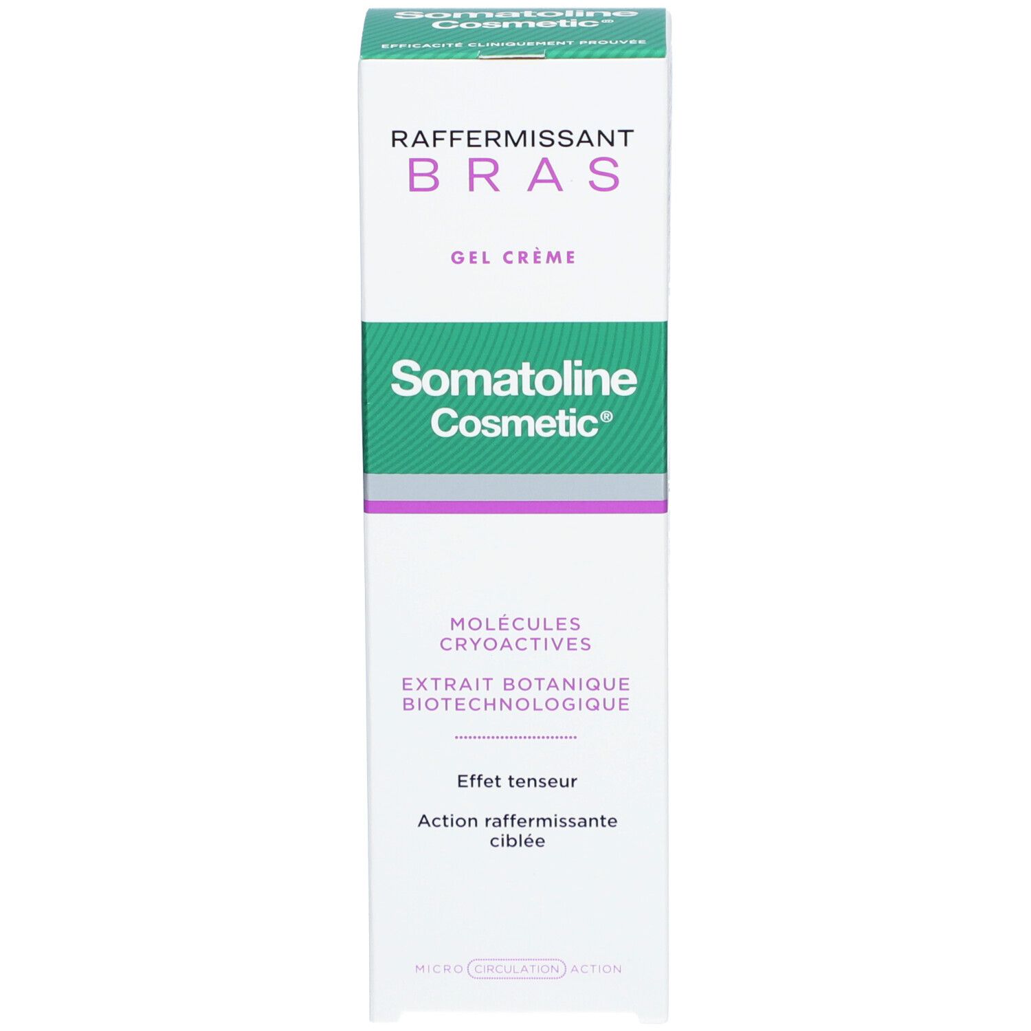 Emballage du produit. Blanc, vert, violet. Texte : Raffermissant Bras, Somatoline Cosmetic, Molécules Cryoactives, Extrait Botanique.