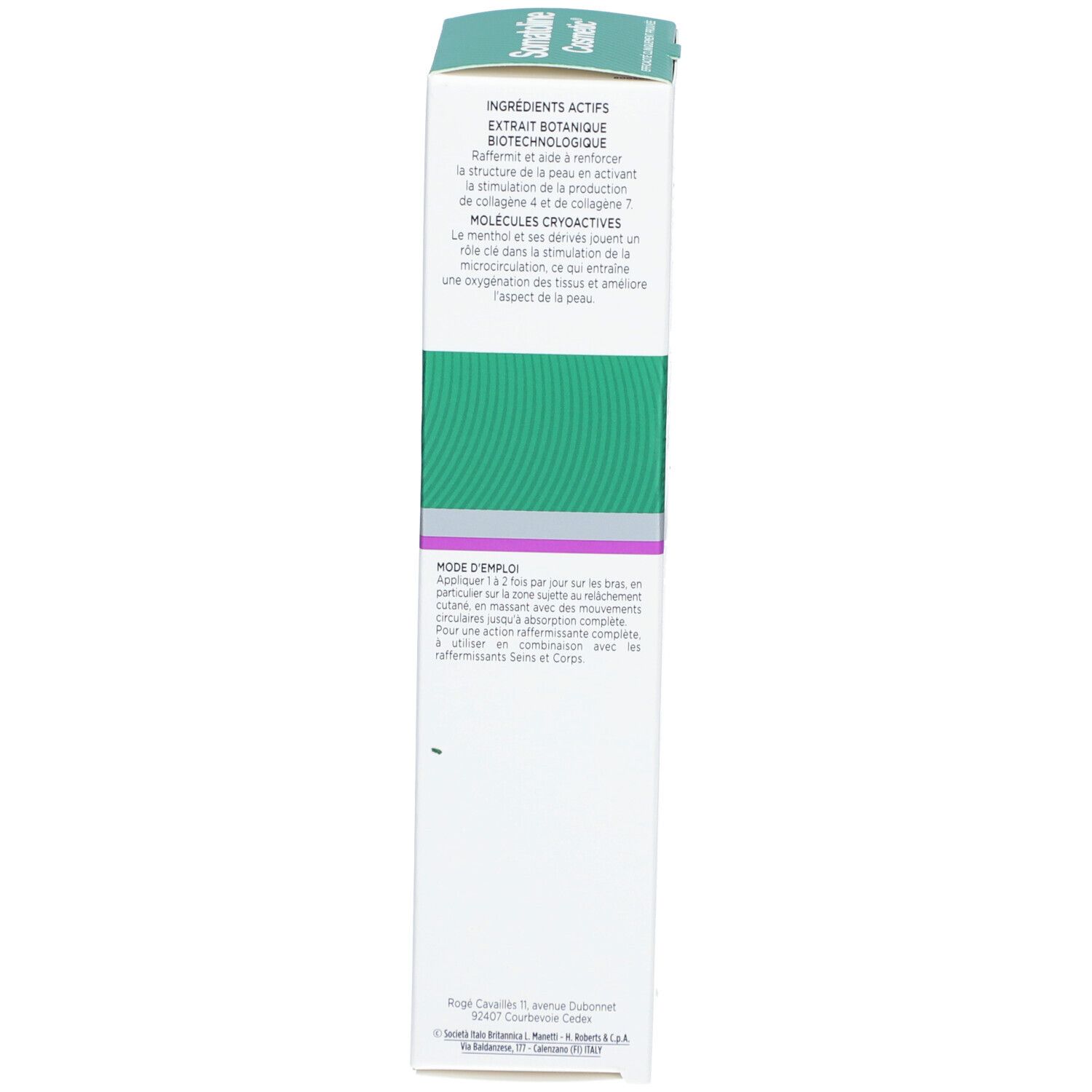 Emballage du produit. Texte : Ingrédients, mode d'emploi, avertissements. Blanc, vert, violet. Marque : Somatoline Cosmetic.