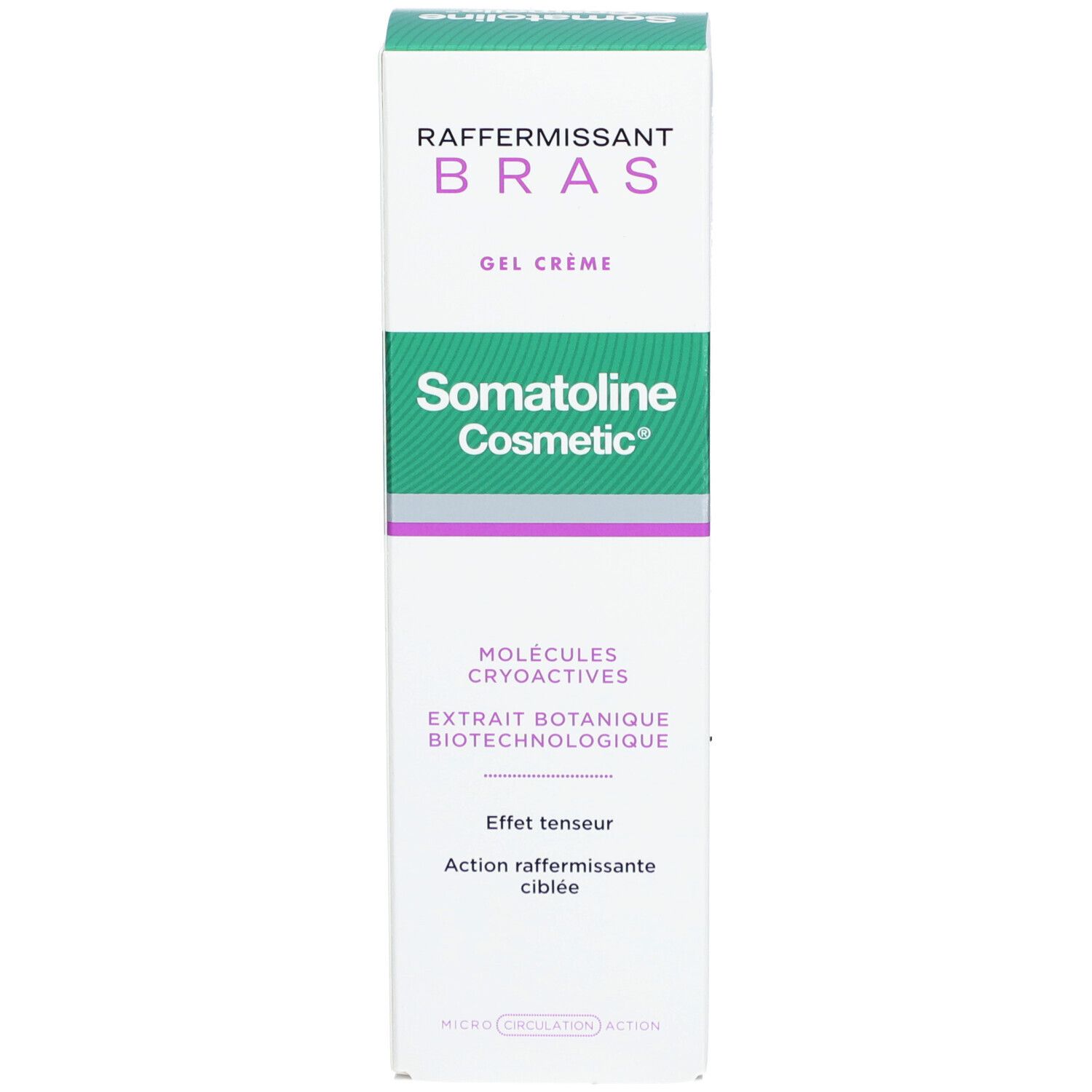 Emballage du produit. Blanc, vert, violet. Texte : Raffermissant Bras, Somatoline Cosmetic, Molécules Cryoactives, Extrait Botanique.