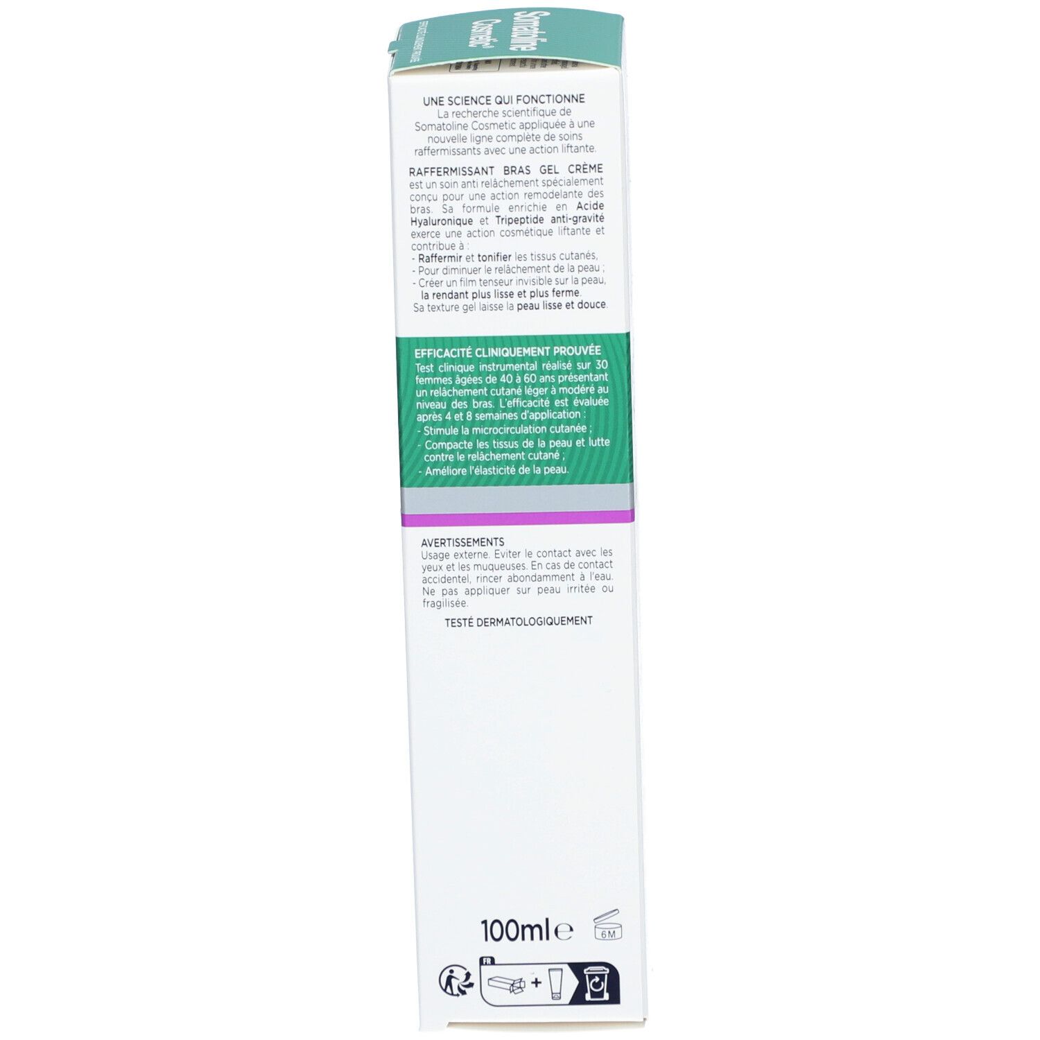 Dos de l'emballage du produit. Texte : Science, cliniquement prouvé, 100ml. Blanc, vert, violet. Marque : Somatoline Cosmetic.