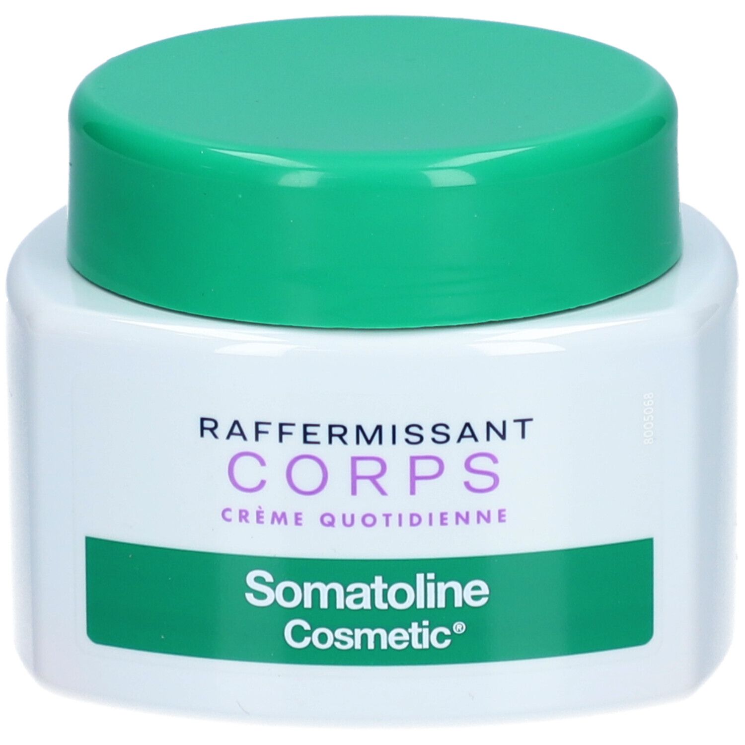 Pot blanc avec couvercle vert. Inscription: RAFFERMISSANT CORPS, Crème Quotidienne, Somatoline Cosmetic.