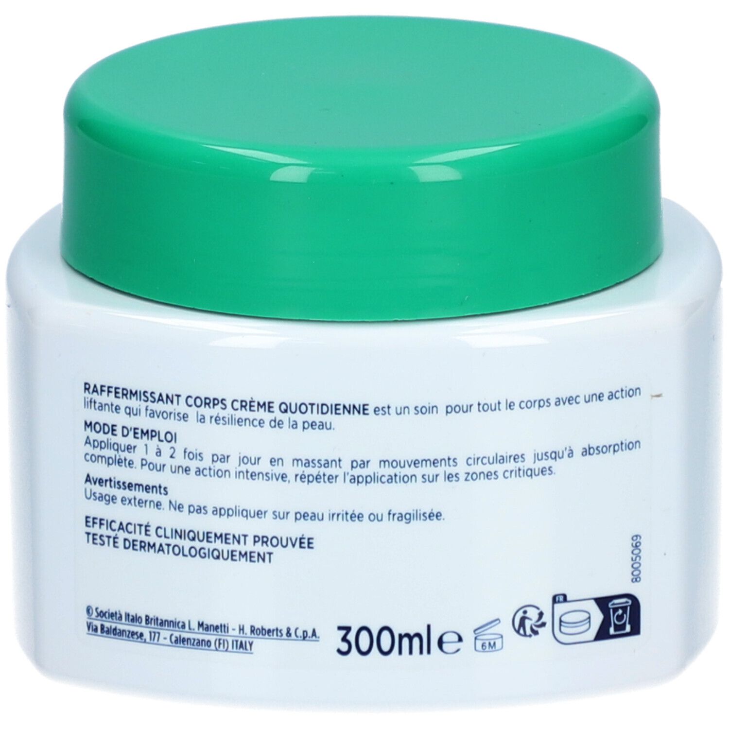 Pot blanc avec couvercle vert. Dos avec texte. Inscription: RAFFERMISSANT CORPS, Crème Quotidienne, 300ml.