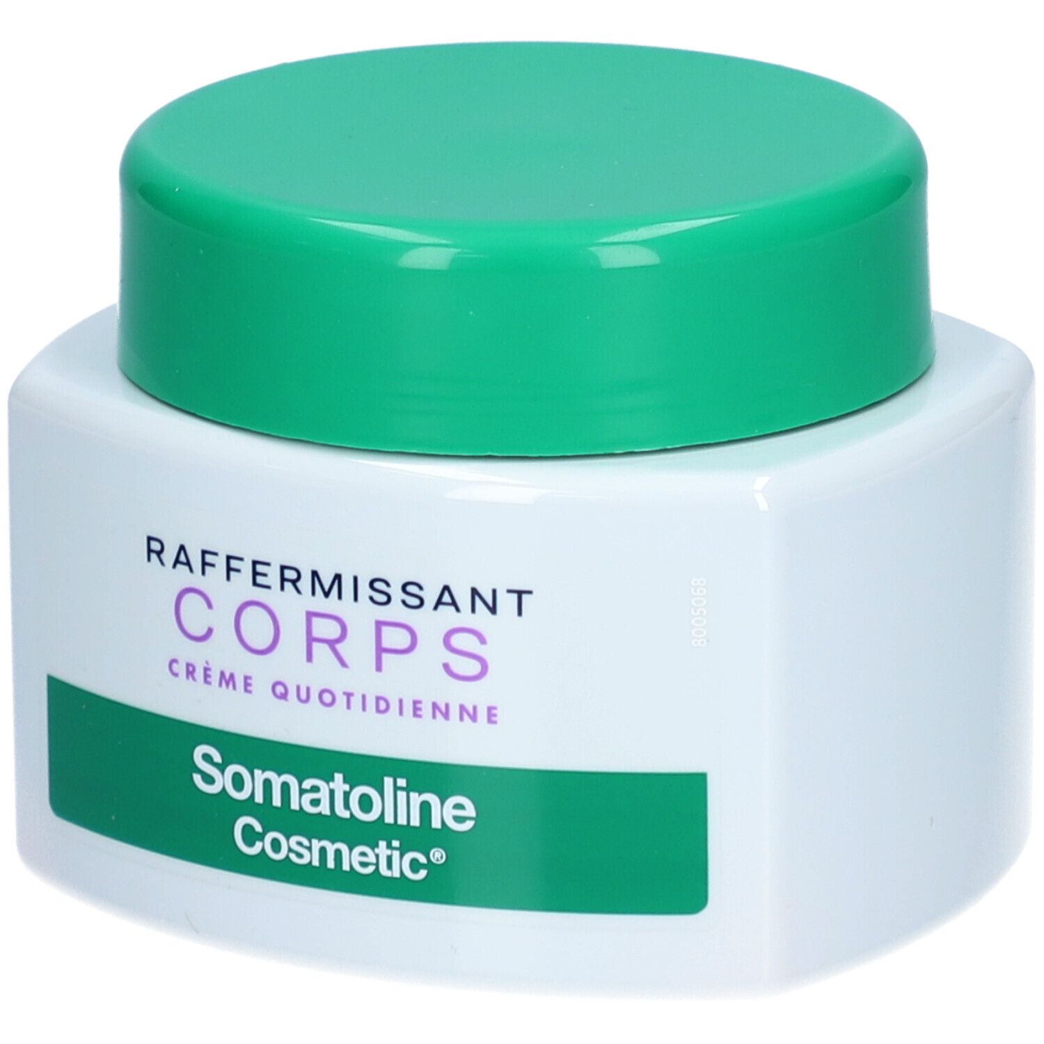 Pot blanc avec couvercle vert. Inscription: RAFFERMISSANT CORPS, Crème Quotidienne, Somatoline Cosmetic.