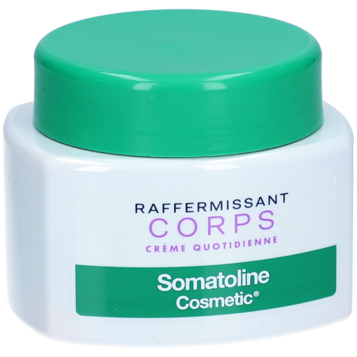Pot blanc avec couvercle vert. Inscription: RAFFERMISSANT CORPS, Crème Quotidienne, Somatoline Cosmetic.