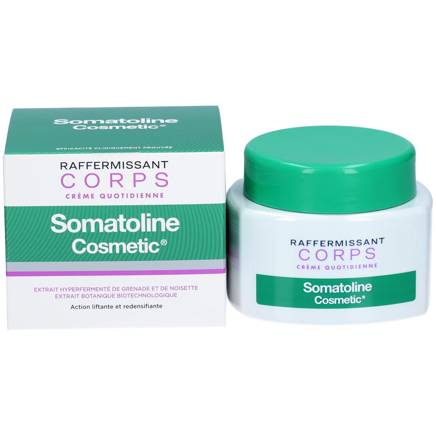 Emballage du produit et pot. Inscription: RAFFERMISSANT CORPS, Crème Quotidienne, Somatoline Cosmetic.