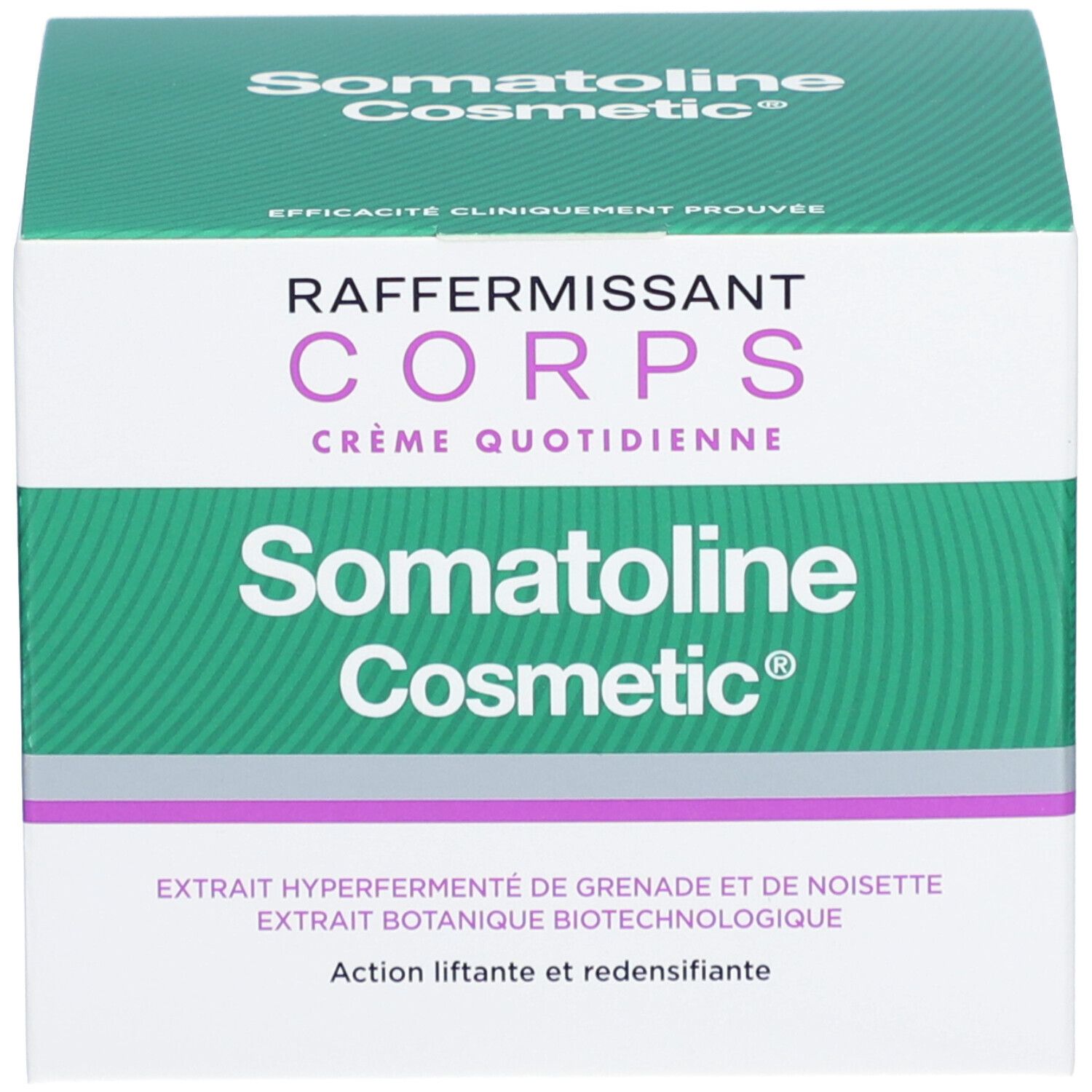 Emballage du produit. Inscription: RAFFERMISSANT CORPS, Crème Quotidienne, Somatoline Cosmetic.