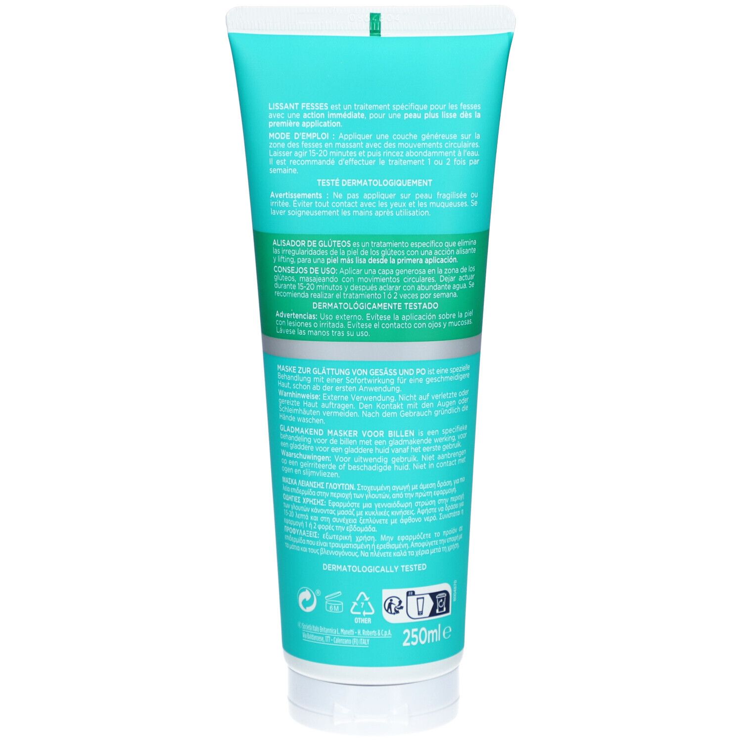 Rückseite der türkisfarbenen Tube. Text in mehreren Sprachen. Dermatologisch getestet. Volumen: 250ml.