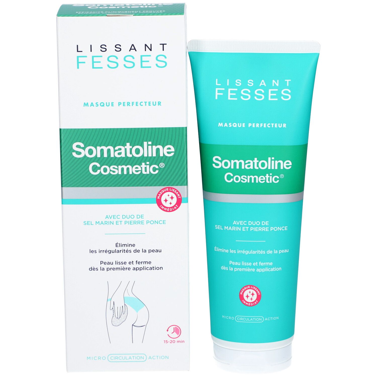 Produkt und Verpackung. Türkisfarbene Tube und Karton. Aufschrift: Lissant Fesses, Masque Perfecteur, Somatoline Cosmetic. Mit Duo aus Meersalz und Bimsstein.