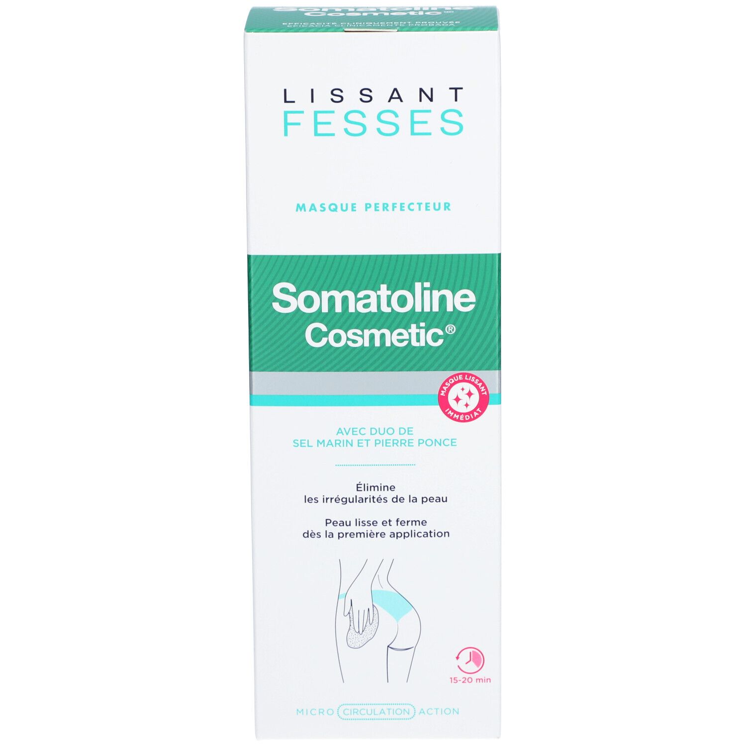 Kartonverpackung. Aufschrift: Lissant Fesses, Masque Perfecteur, Somatoline Cosmetic. Mit Duo aus Meersalz und Bimsstein. Illustration einer Gesäßpartie.