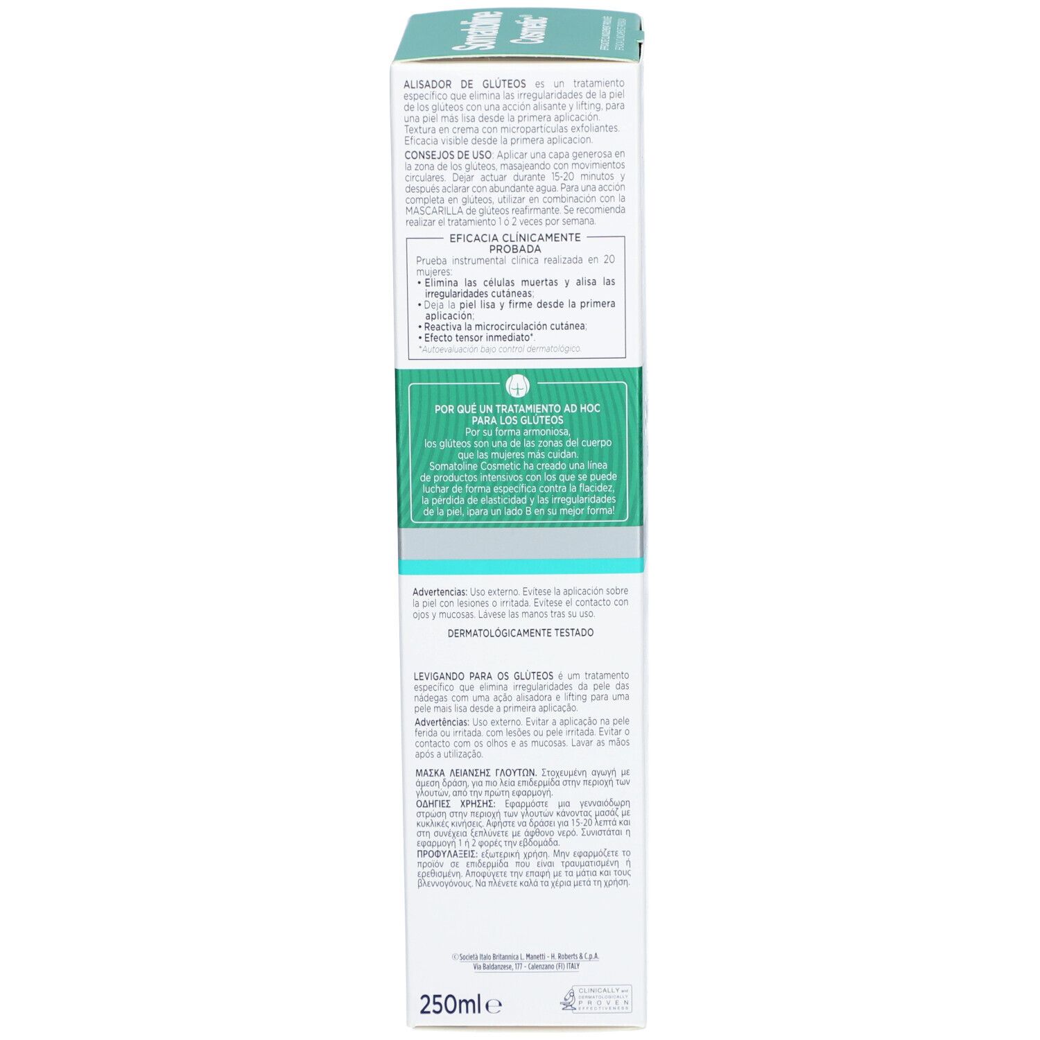 Kartonverpackung, Rückseite. Text in mehreren Sprachen. Dermatologisch getestet. Volumen: 250ml.