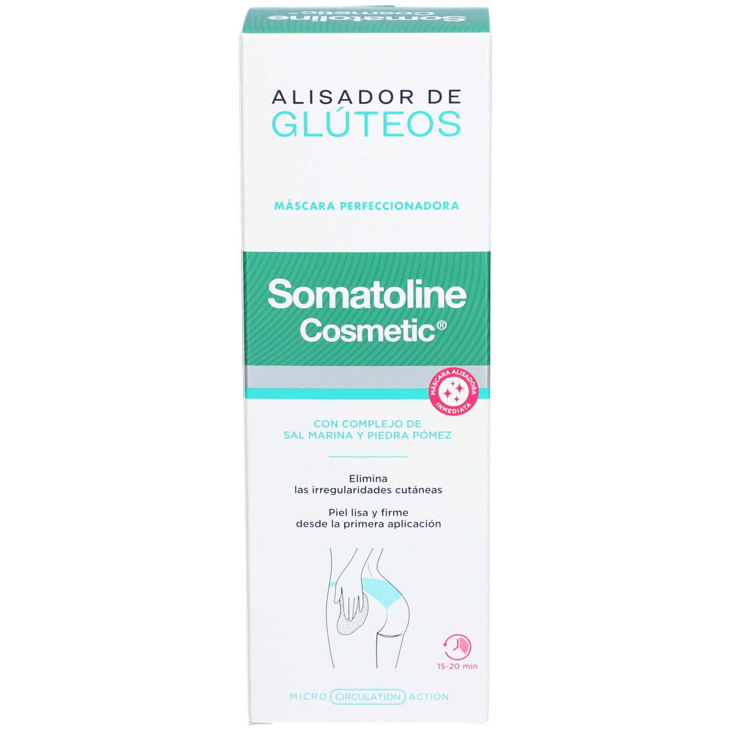 Kartonverpackung. Aufschrift: Alisador de Glúteos, Mascara Perfeccionadora, Somatoline Cosmetic. Mit Meersalz und Bimsstein. Illustration einer Gesäßpartie.