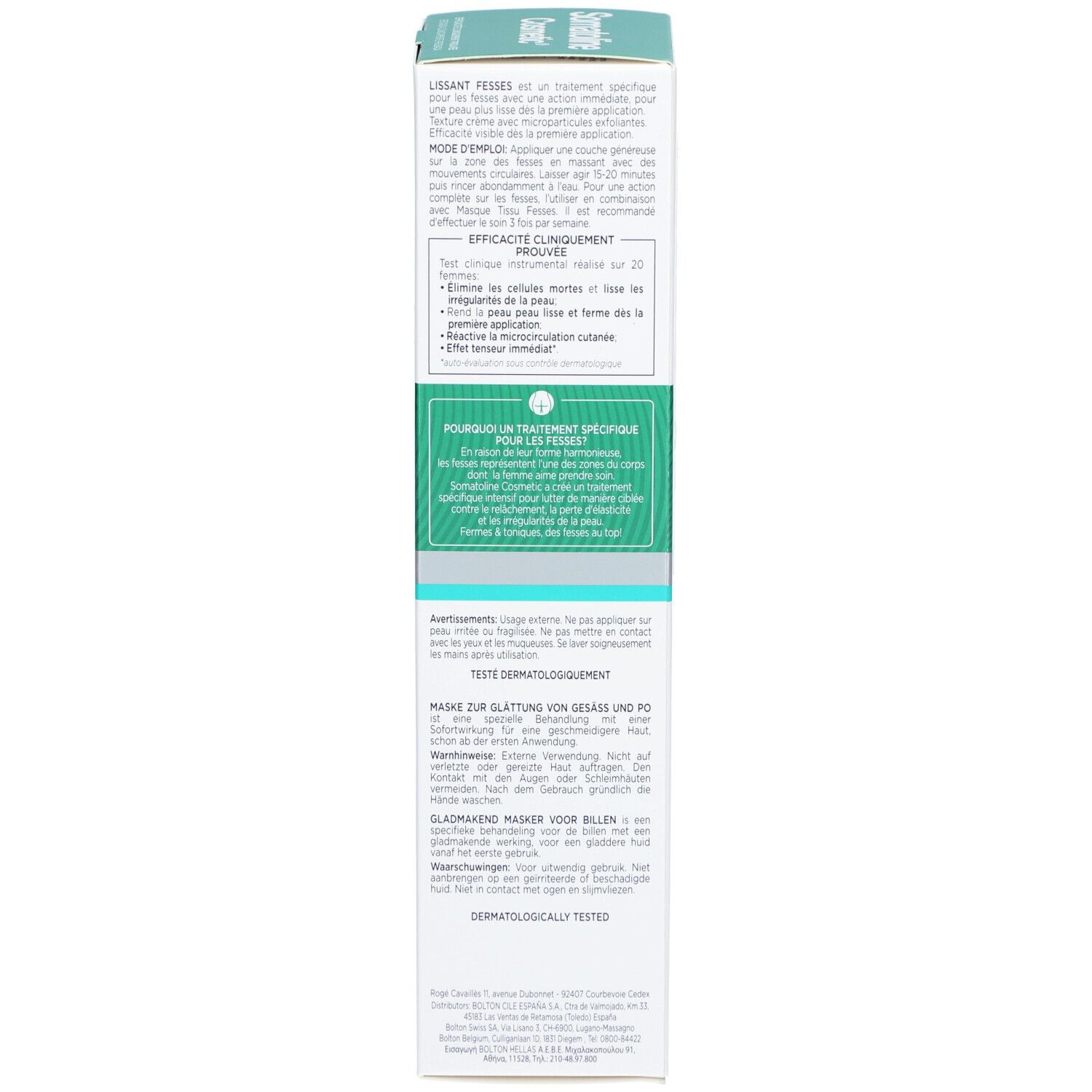 Kartonverpackung, Rückseite. Text in mehreren Sprachen. Dermatologisch getestet. Volumen: 250ml.