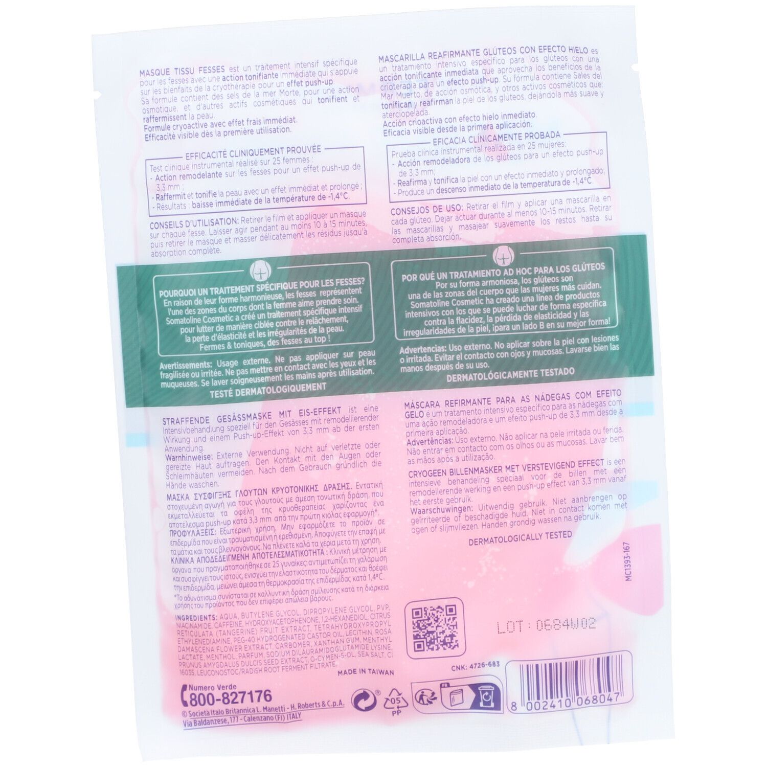 Rückseite der Maskenverpackung. Text in mehreren Sprachen. Dermatologisch getestet. Mit QR-Code und Telefonnummer.